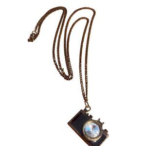 Vintage Antique Gold Tone Necklace Camera Pendant Black Enamel Rhinestone 30"